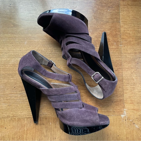 Marni Strappy Suede Purple Brown Platform Heels Peep Toe T-Strap size 40/US 10 - Picture 1 of 16